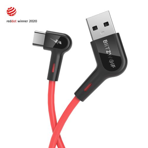 USB-C (Type-C) adatkábel, töltőkábel, USB-USB-C, gamer, 90 fokos, piros, 1.8m, Blitzwolf BW-AC1