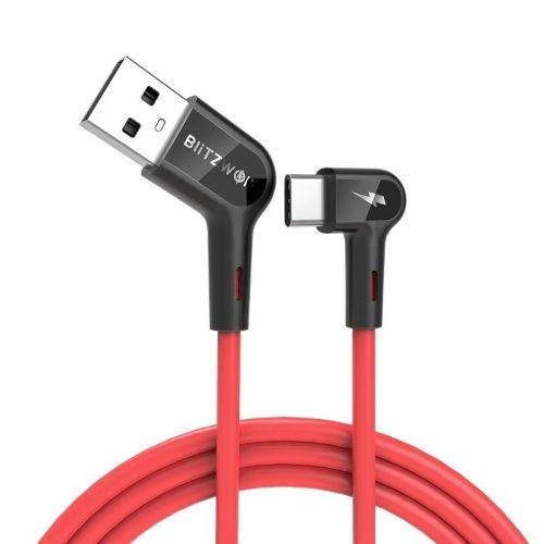 USB-C (Type-C) adatkábel, töltőkábel, USB-USB-C, gamer, 90 fokos, piros, 0.9m, Blitzwolf BW-AC1