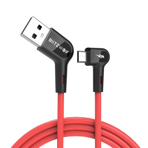Micro USB adatkábel, töltőkábel, gamer, 90 fokos, piros, 1.8m, Blitzwolf BW-AC2