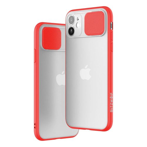Telefon tok, iPhone 11 Pro Max hátlaptok, ütésálló, műanyag, átlátszó, piros kerettel, elhúzható lencsevédővel, Blitzwolf BW-AY2