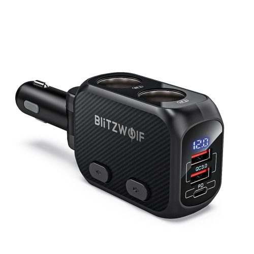Blitzwolf szivargyújtó elosztó, szivartöltő, autós töltő, 2 USB + Type-C port, Blitzwolf BW-CLA1