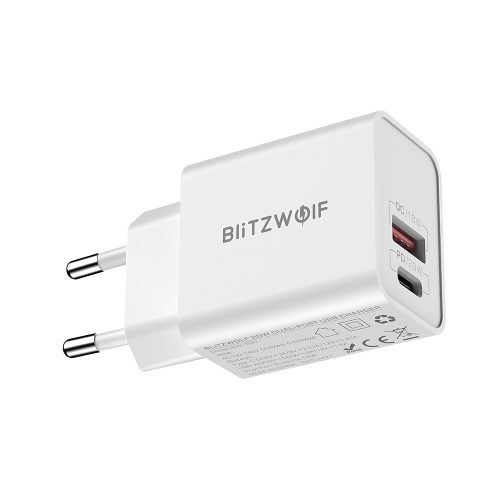Hálózati töltőfej, adapter, gyorstöltő, Type-C + USB port, 20W, fehér, Blitzwolf BW-S20