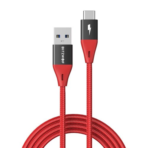USB-C (Type-C) adatkábel, töltőkábel, USB-USB-C, szövet bevonat, piros, 3A, 0.9m, Blitzwolf BW-TC22