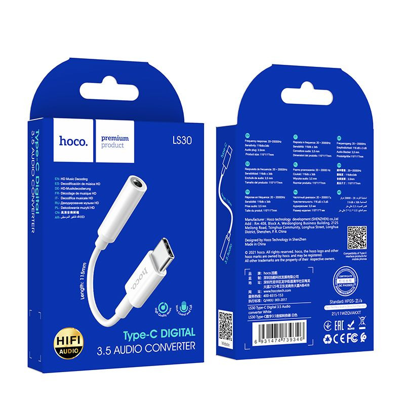 Adapter, átalakító, OTG, audio, jack, 3,5mm -> Type-C, fehér, Hoco LS30