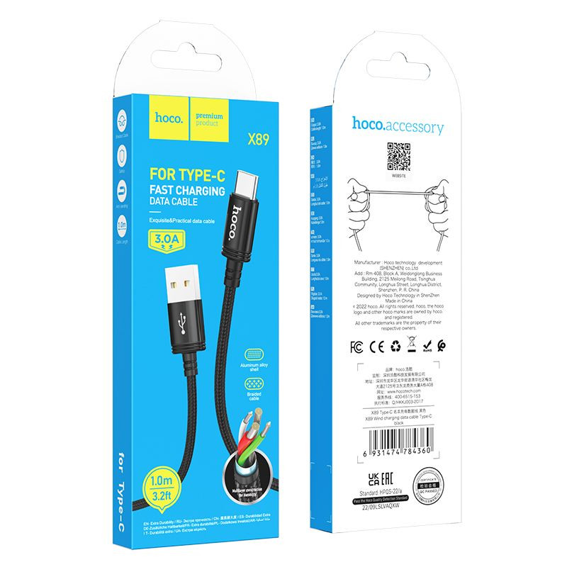 USB-C adatkábel, töltőkábel, USB-A - USB-C (USB Type-C), szövet bevonat, fekete, 3A 1m, Hoco X89