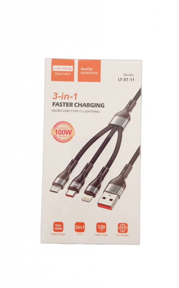 3in1 töltőkábel, iPhone 8pin, lightning, Type-C, Micro usb, 3in1, Super Charge, szürke, 100W, 1.2m, Letang LT-ET-11
