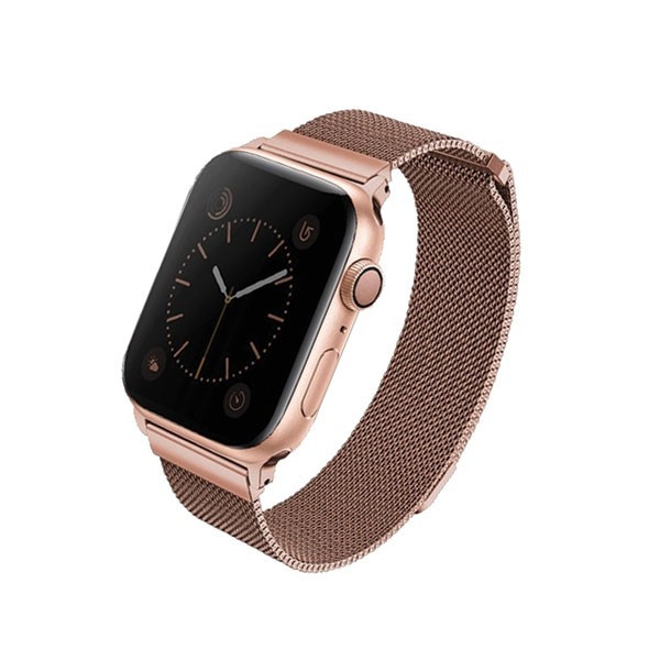 Apple Watch 4/5/6/7/8/9/SE/SE2 okosóra szíj, 38/40/41mm kompatibilis, fém, rózsaszín, prémium, UNIQ