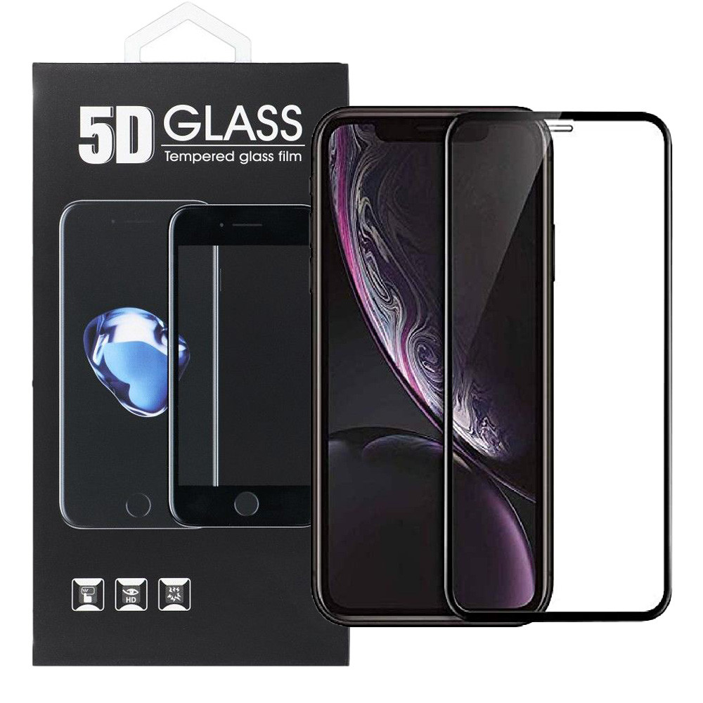 iPhone 11 / XR üvegfólia, tempered glass, előlapi, 5D, edzett, hajlított, fekete kerettel