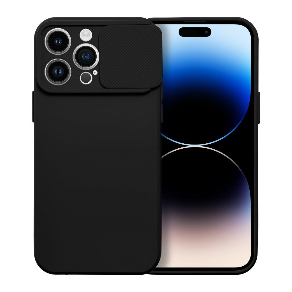 iPhone 14 Pro Max szilikon tok, hátlap tok, kamera védelemmel, fekete, SLIDE Case