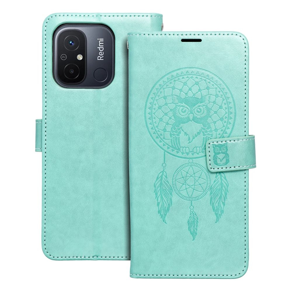Xiaomi Redmi 12C könyvtok, fliptok, telefon tok, mágneszáras, bankkártyatartós, álomfogó mintás, zöld, Forcell Mezzo