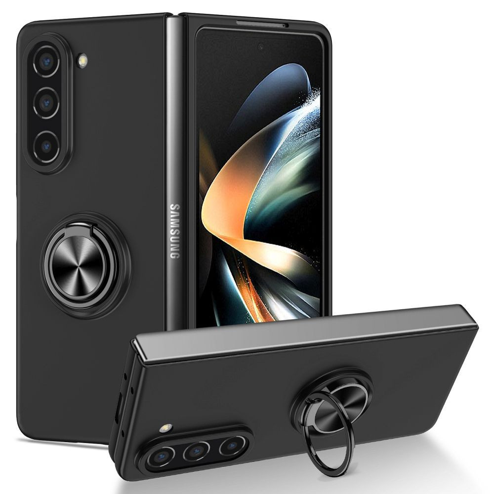 Samsung Galaxy Z Fold5 5G telefon tok, elő+hátlap tok, műanyag, kitámasztható, fekete, Kong Ring, SM-F946B/DS