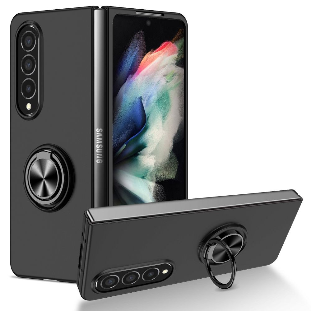 Samsung Galaxy Z Fold4 5G telefon tok, elő+hátlap tok, műanyag, kitámasztható, fekete, Ring case, SM-F936B/DS