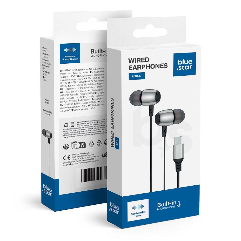 USB-C vezetékes fülhallgató mikrofonnal Type-C headset telefonhoz fekete Bluestar M09C