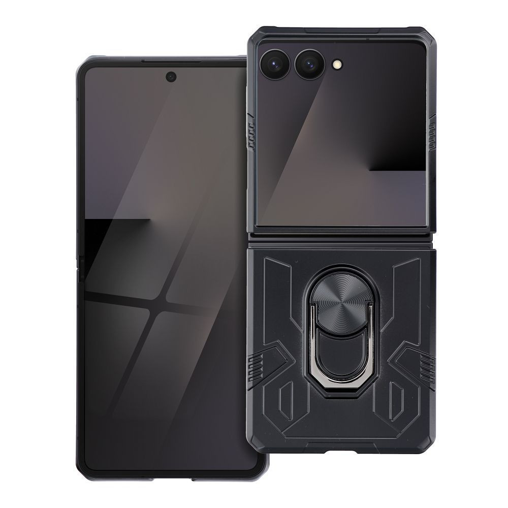 Samsung Galaxy Z Flip7 5G telefon tok, elő+hátlap tok, műanyag, kitámasztható, mágneses, ütésálló, fekete, Ring armor, SM-F766B/DS