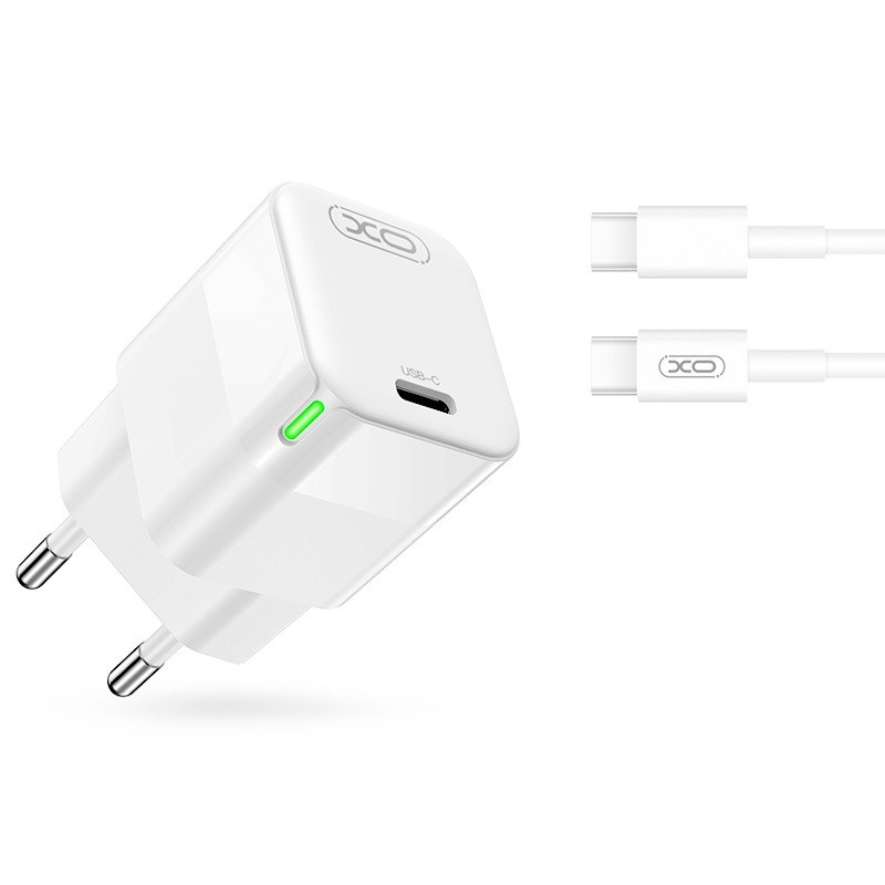 Hálózati töltőfej, adapter, USB-C (Type-C) port + USB-C - USB-C adatkábel, töltőkábel, GaN gyorstöltő, 1m 3A 30W, fehér, XO CE06