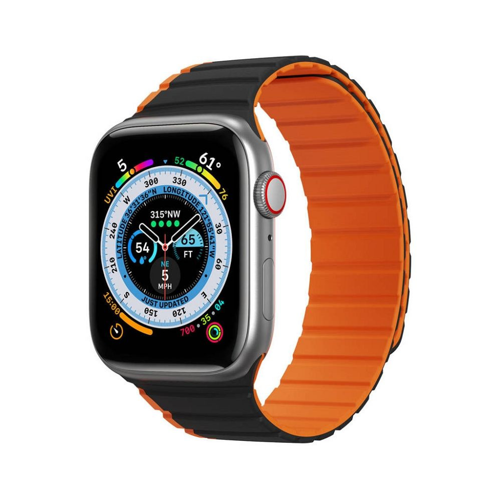 Apple Watch 4/5/6/7/8/9/SE/SE2/Ultra/Ultra2 okosóra szilikon szíj, 42/44/45/49mm kompatibilis, fekete-narancssárga, DUX DUCIS LD